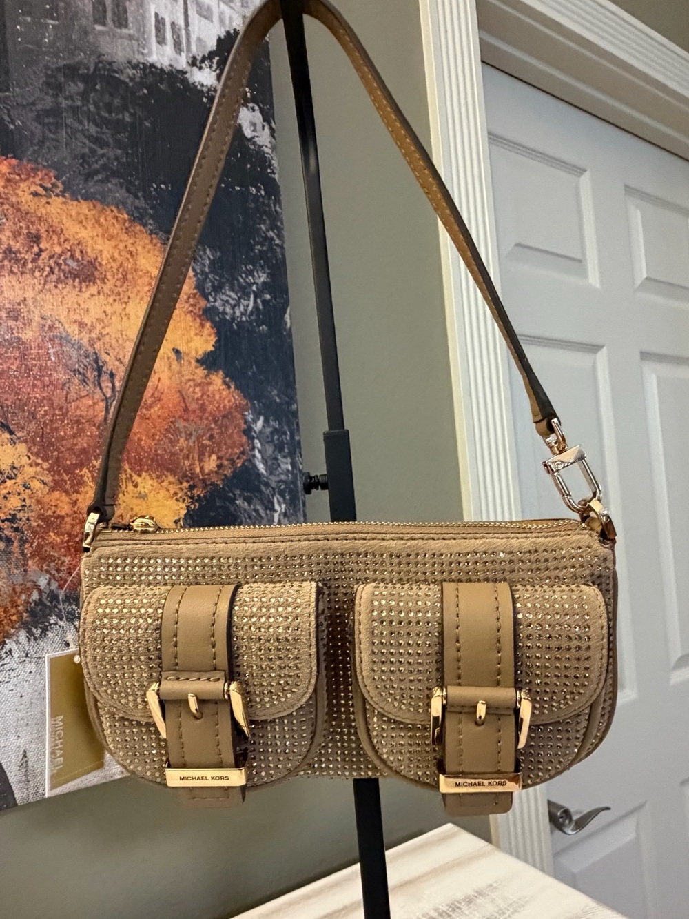 Michael Kors Zoe Small Rhinestoned Cargo Utility Shoulder Bag